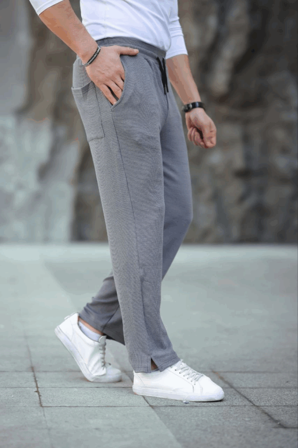 Erkek Paça Yırtmaçlı Burgu Selanik Dokulu Jogger Buggy Pantalon Rahat Kalıp - Gri