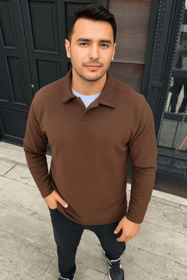 Erkek Fitilli Polar Sweatshirt – Düğmesiz Polo Yaka, Oversize Rahat Kalıp, Kalın Polar Kumaş, Kışlık Ve Baharlık Şık Günlük Üst - Kahverengi