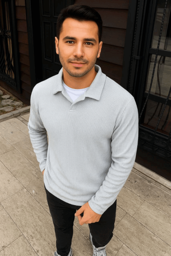 Erkek Fitilli Polar Sweatshirt – Düğmesiz Polo Yaka, Oversize Rahat Kalıp, Kalın Polar Kumaş, Kışlık Ve Baharlık Şık Günlük Üst - Gri