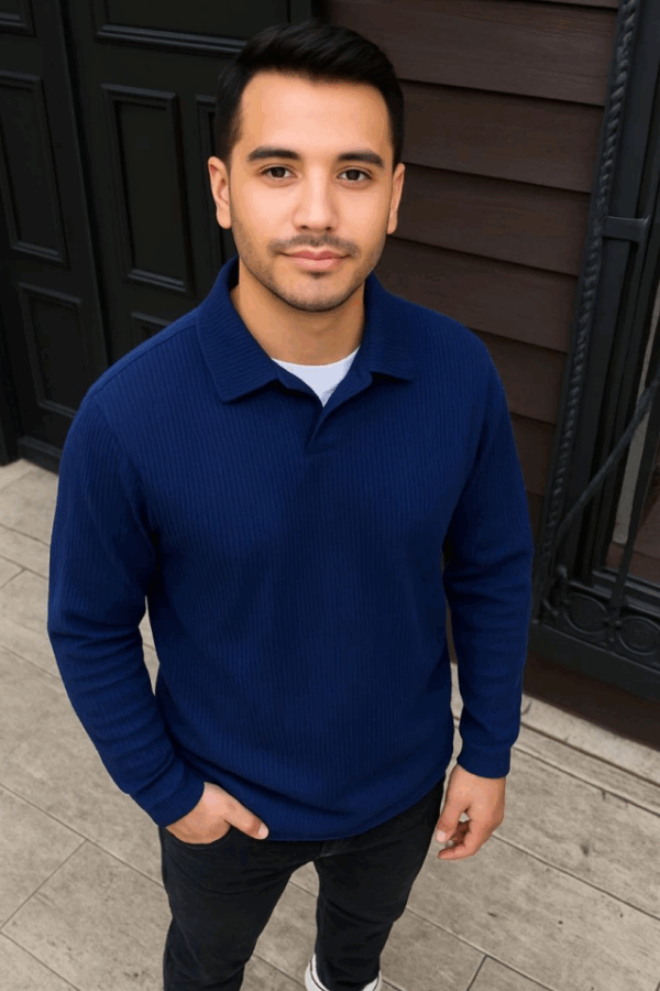 Erkek Fitilli Polar Sweatshirt – Düğmesiz Polo Yaka, Oversize Rahat Kalıp, Kalın Polar Kumaş, Kışlık Ve Baharlık Şık Günlük Üst - Lacivert