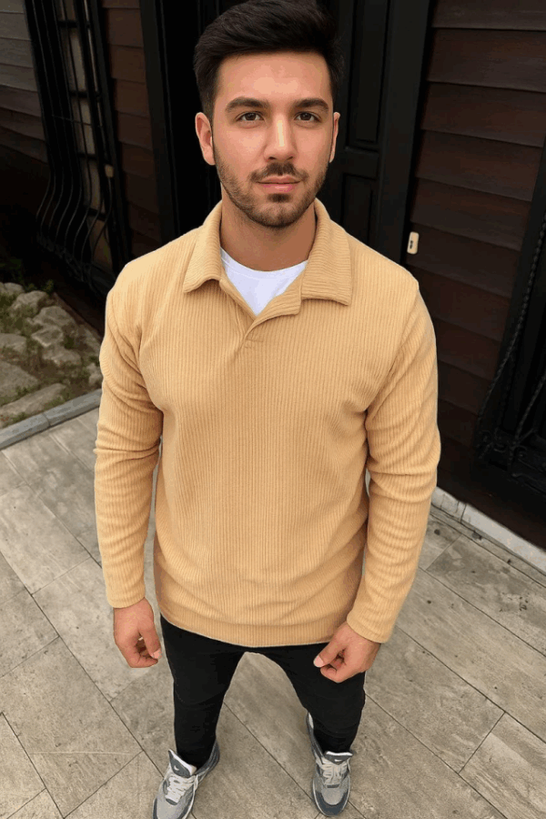 Erkek Fitilli Polar Sweatshirt – Düğmesiz Polo Yaka, Oversize Rahat Kalıp, Kalın Polar Kumaş, Kışlık Ve Baharlık Şık Günlük Üst - Bej