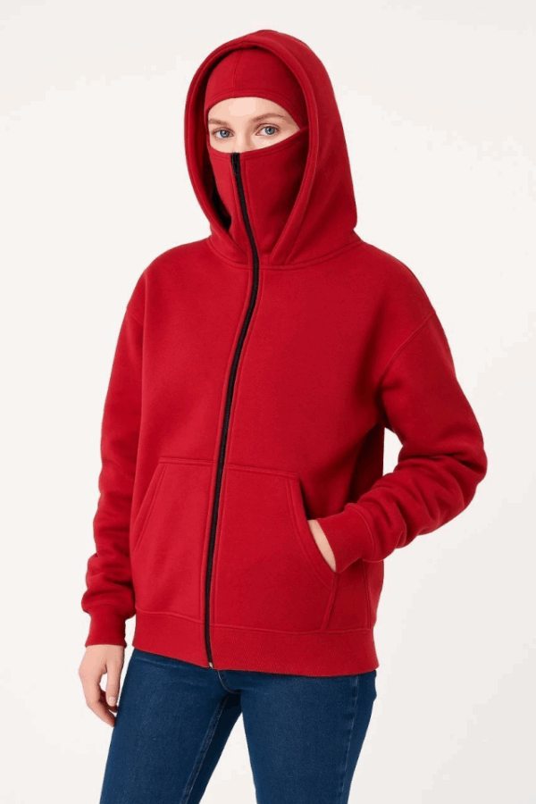Samuray Ninja Çift Kapşonlu ZIP Fermuarlı Kanguru Çepli Hoodie Maske Detaylı Swetshirt - Kırmızı