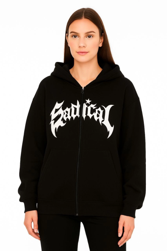 Oversize Kapüşonlu Sweatshirt Hoodie 3 İplik Şardonlu Pamuklu Kumaş, Önü Baskılı, Fermuarlı Rahat Kalıp, Kışlık Ve Sokak Stili Sweat - Siyah