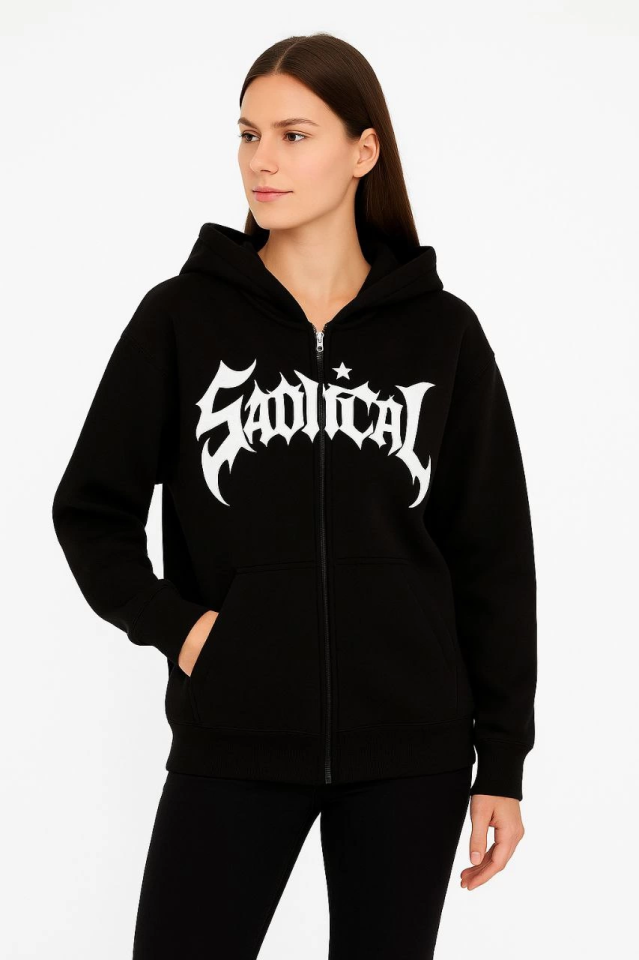 Oversize Kapüşonlu Sweatshirt Hoodie 3 İplik Şardonlu Pamuklu Kumaş, Önü Baskılı, Fermuarlı Rahat Kalıp, Kışlık Ve Sokak Stili Sweat - Siyah - Görsel 4