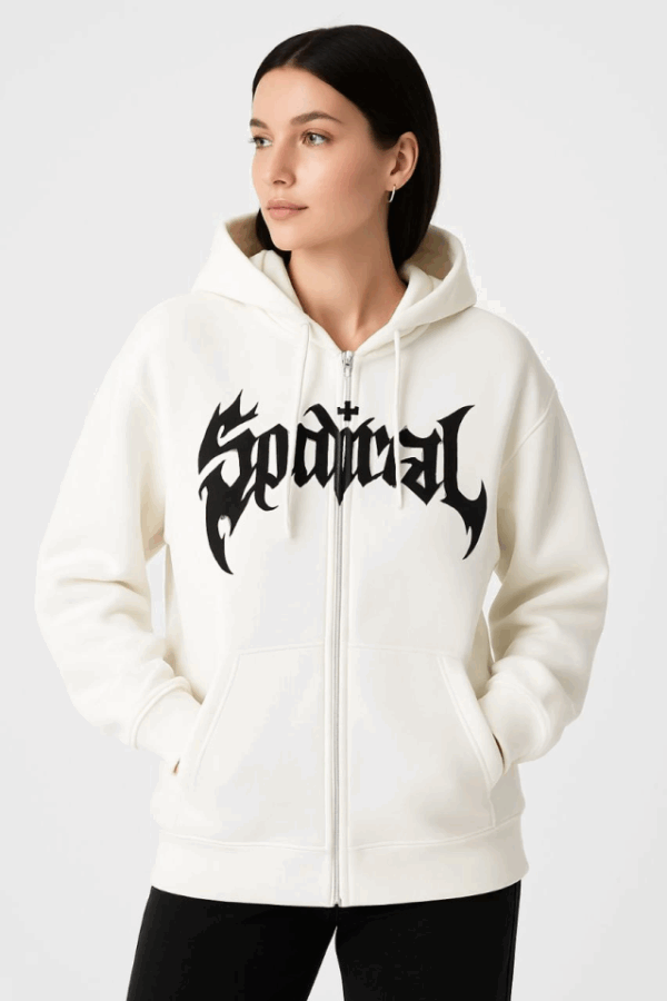 Oversize Kapüşonlu Sweatshirt Hoodie 3 İplik Şardonlu Pamuklu Kumaş, Önü Baskılı, Fermuarlı Rahat Kalıp, Kışlık Ve Sokak Stili Sweat - Beyaz