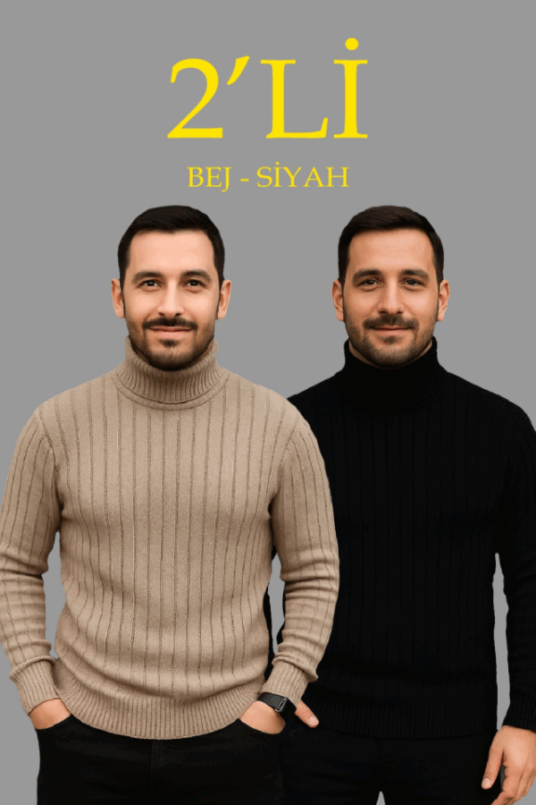 Erkek Fitilli Triko Kazak 2li Set Bej Siyah Regular Balıkcı Yaka Tam Boğazlı Triko Seti Modeli Kazak