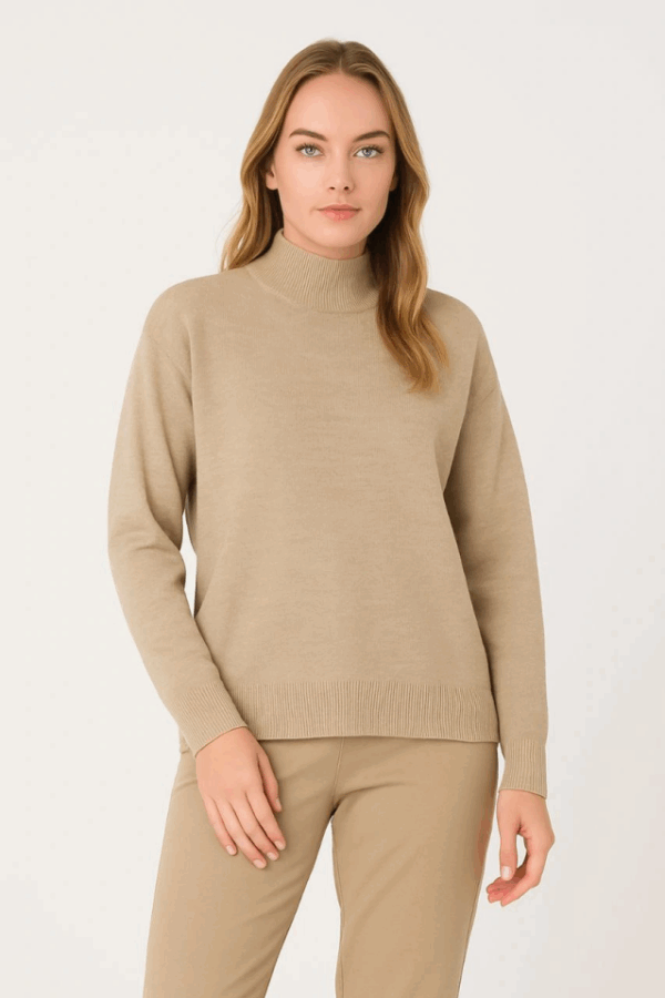 Yarım Boğaz Triko Kazak Yumuşak Dokulu Pamuklu Ince Dokuma, Uzun Kollu Rahat Regular Kalıp - Bej