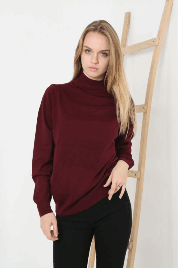 Yarım Boğaz Triko Kazak Yumuşak Dokulu Pamuklu Ince Dokuma, Uzun Kollu Rahat Regular Kalıp - Bordo