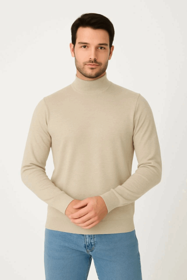 Erkek Yarım Boğaz Triko Kazak Yumuşak Dokulu Pamuklu Ince Dokuma, Uzun Kollu Rahat Regular Kalıp - Bej