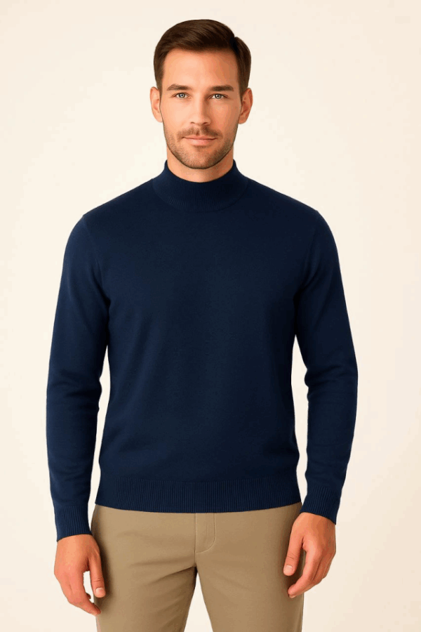 Erkek Yarım Boğaz Triko Kazak Yumuşak Dokulu Pamuklu Ince Dokuma, Uzun Kollu Rahat Regular Kalıp - Lacivert