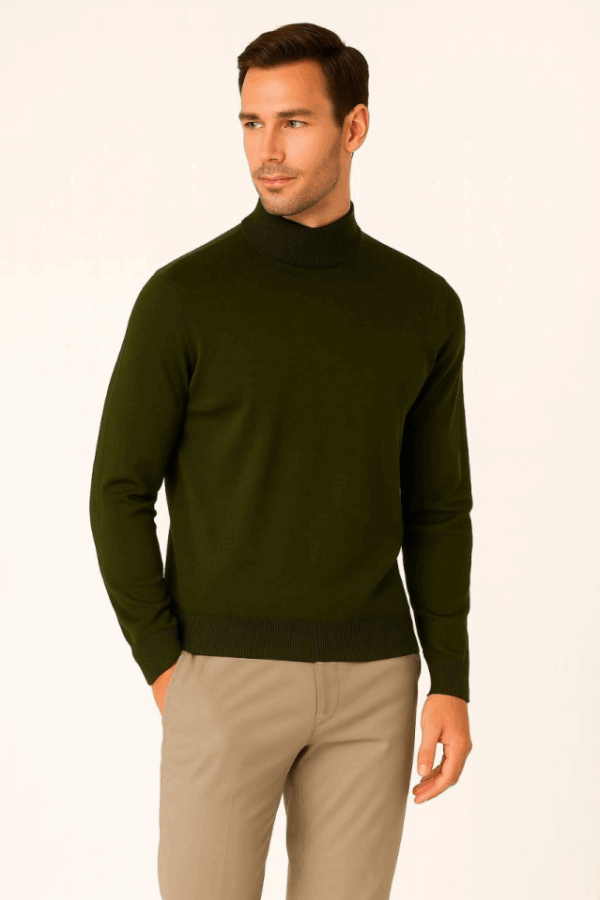 Erkek Yarım Boğaz Triko Kazak Yumuşak Dokulu Pamuklu Ince Dokuma, Uzun Kollu Rahat Regular Kalıp - Haki