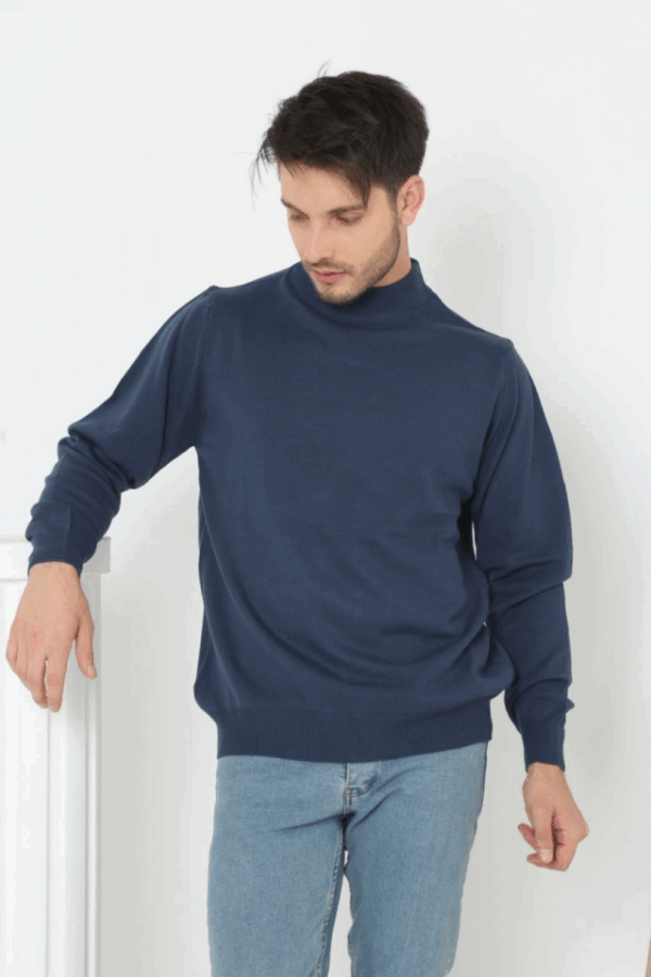 Erkek Yarım Boğaz Triko Kazak Yumuşak Dokulu Pamuklu Ince Dokuma, Uzun Kollu Rahat Regular Kalıp - İndigo