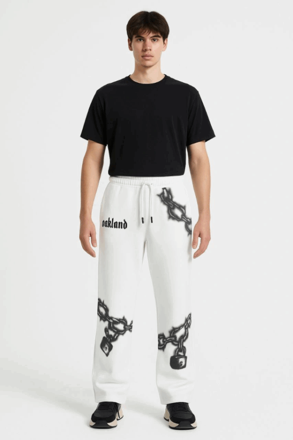 Erkek Üç İplik Pamuklu Baskılı Cepli Jogger Buggy Pantalon Oversize Kalıp - Beyaz