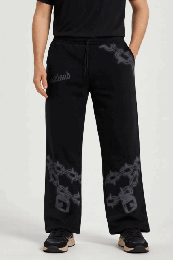 Erkek Üç İplik Pamuklu Baskılı Cepli Jogger Buggy Pantalon Oversize Kalıp - Siyah