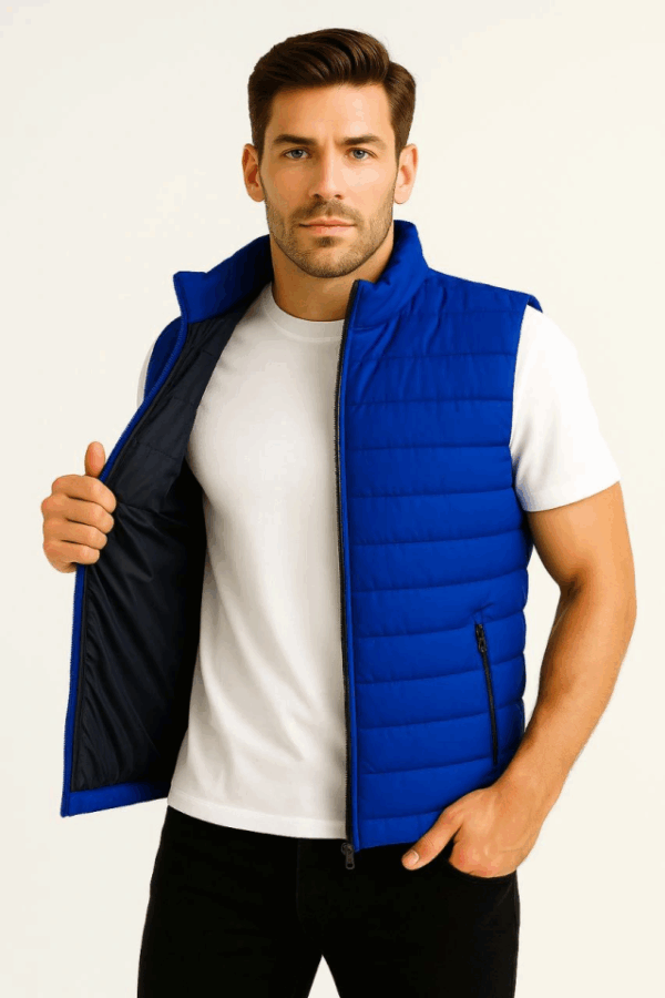 Erkek Şişme Fermuarlı Yelek Su Itici Kapitone Astarlı Kumaş Cepli Hafif Kışlık Spor Rahat Kalıp - Saks Mavisi