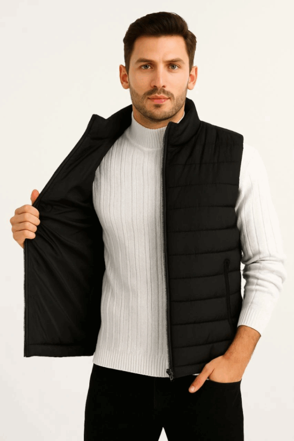 Erkek Şişme Fermuarlı Yelek Su Itici Kapitone Astarlı Kumaş Cepli Hafif Kışlık Spor Rahat Kalıp - Siyah