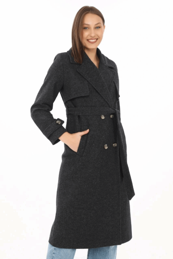 Premium Kaşe Kaban Uzun Boy, Balık Sırtı Yünlü Kaşmir Dokuma, Kruvaze Kuşaklı Astarlı - Siyah