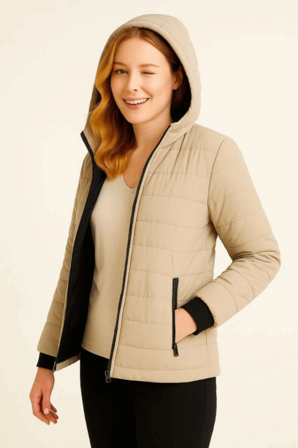 Şişme Kapüşonlu Fermuarlı Mont Su Itici Kapitone Astarlı Kumaş Cepli Kışlık Rahat Kalıp - Bej