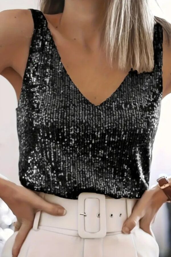 Pul Payetli Sıfır Kol Bluz -Siyah