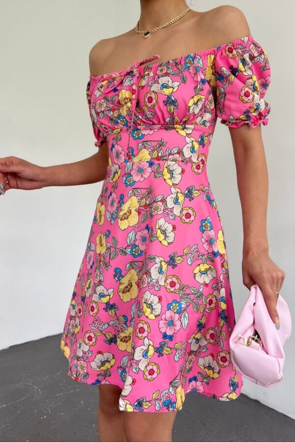 Yakası Lastikli Bağcık Detaylı Mini Elbise -Pembe