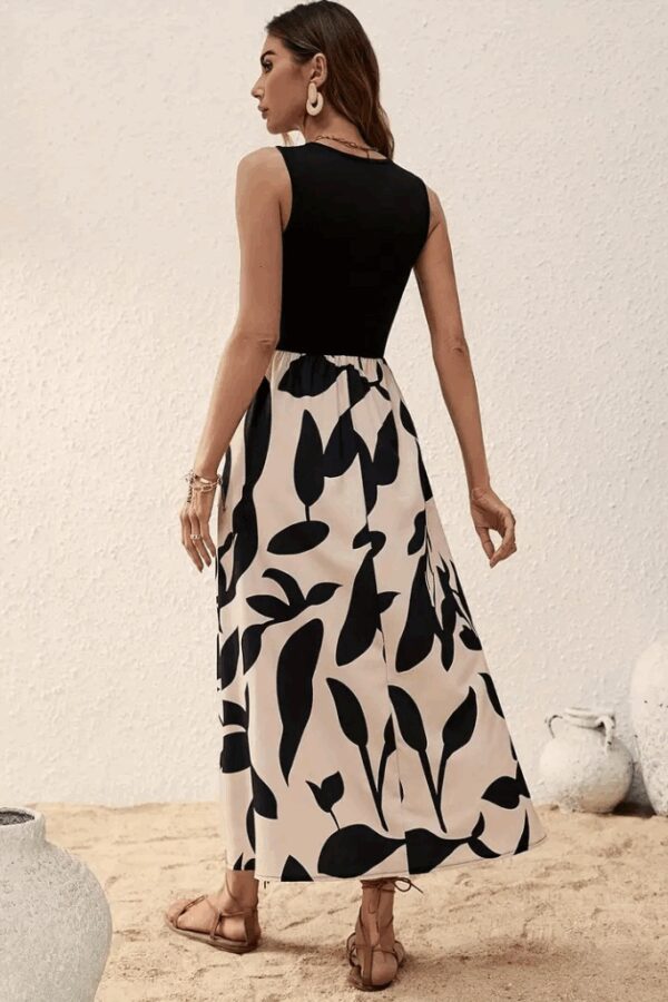 Kadın Askılı Yuvarlak Yaka üst Viskon Alt Desenli Uzun Süprem Elbise