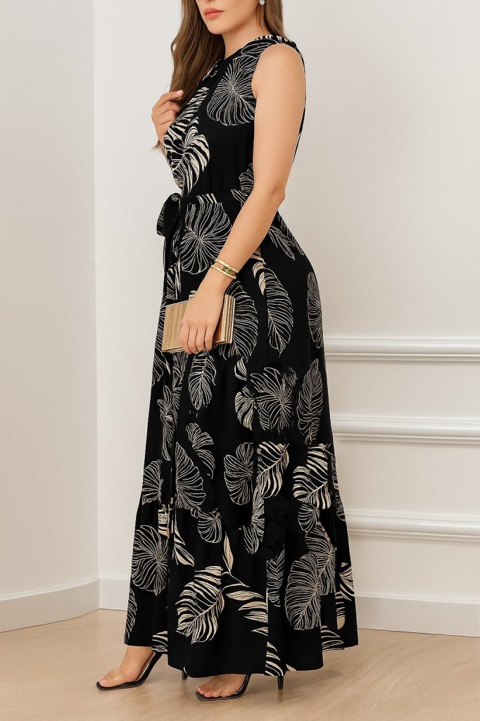 Kadın Sıfır Kok Bağcıklı Kemerli Etek Ucu Fırfırlı Desenli Süprem Elbise - Görsel 2