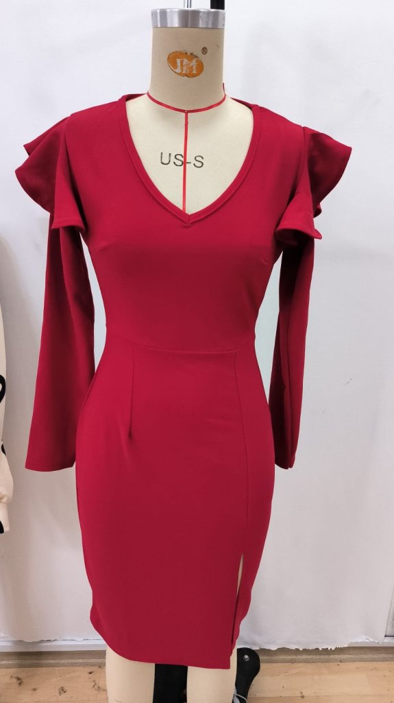 Kadın Uzun Kollu V Yakalı Yandan Yırtmaçlı Midi Ithal Krep Elbise - Görsel 4