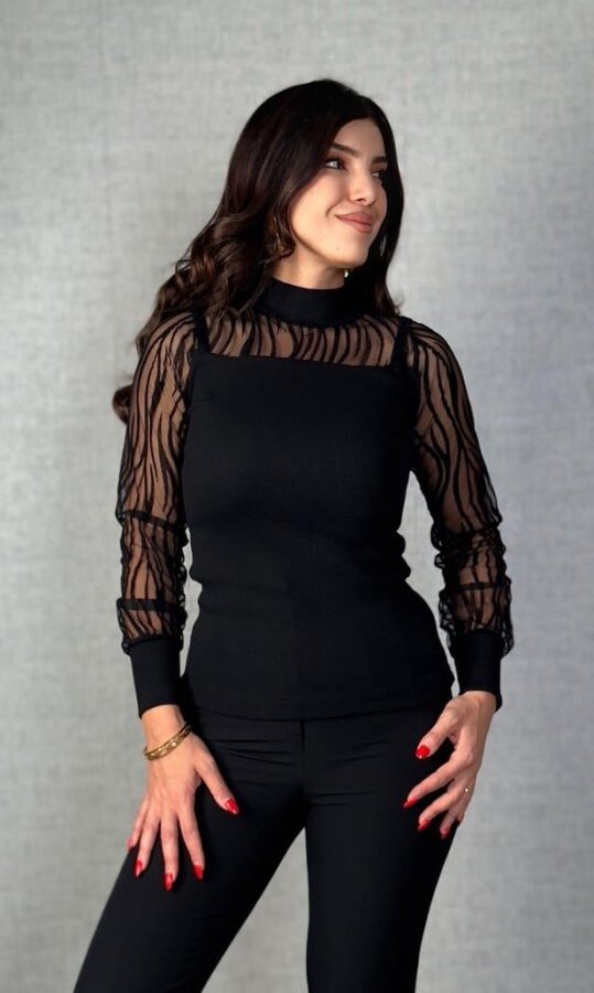 Kadın Uzun Kollu Bisiklet Yaka Kolları Tül Detay Kaşkorse Kumaş Bluz