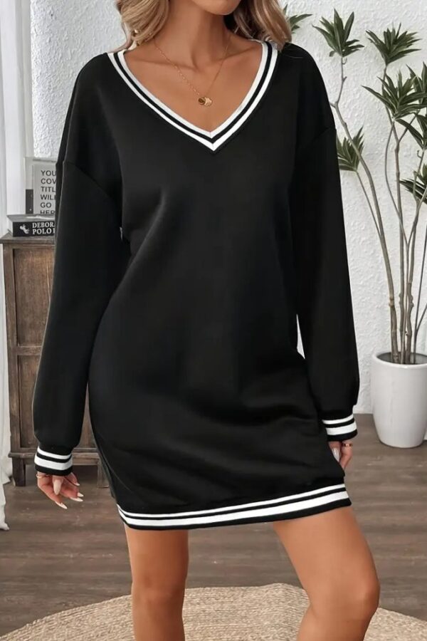 Kadın Uzun Kollu V Yakalı şerit Detaylı Kısa Viskon Iki Iplik Elbise