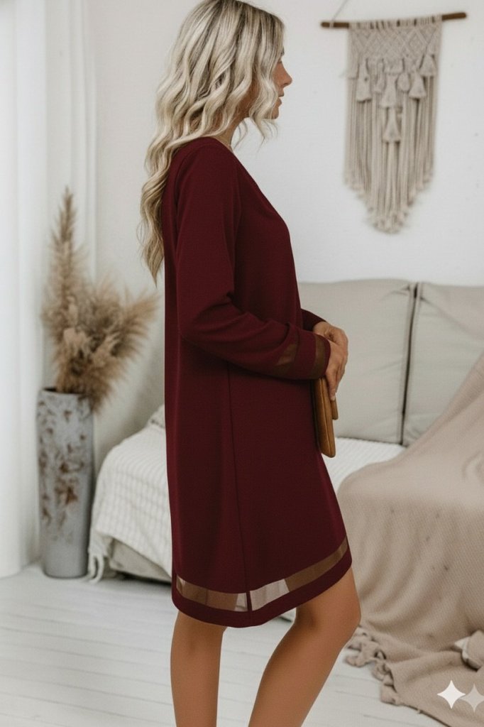 Kadın Uzun Kollu V Yakalı Tül şerit Detaylı Mini Krep Elbise - Görsel 10