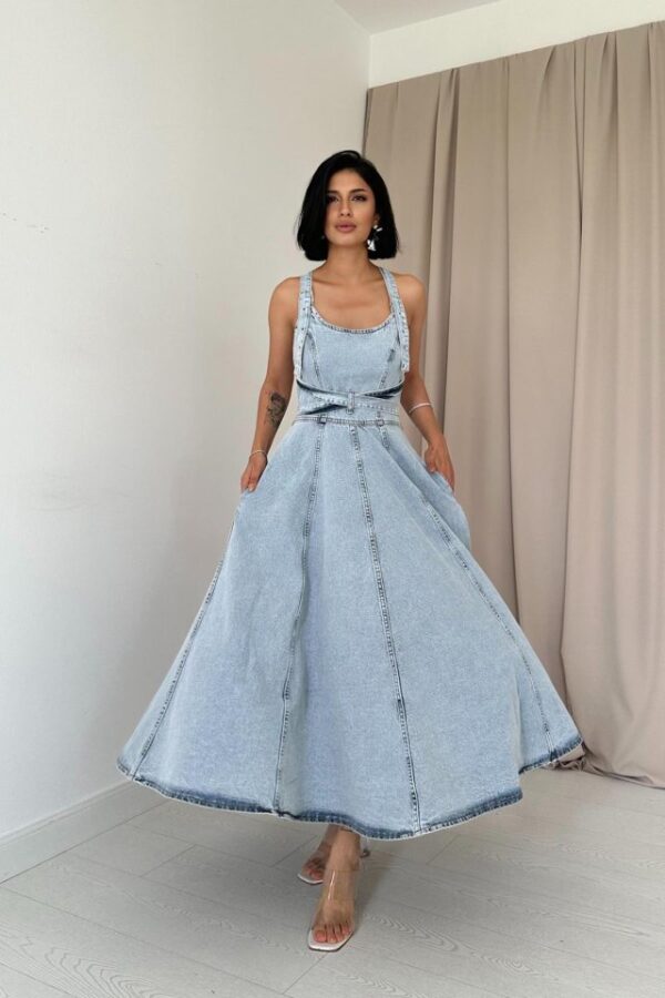 Kar Yıkama Midi Boy Bantlı Kot Elbise