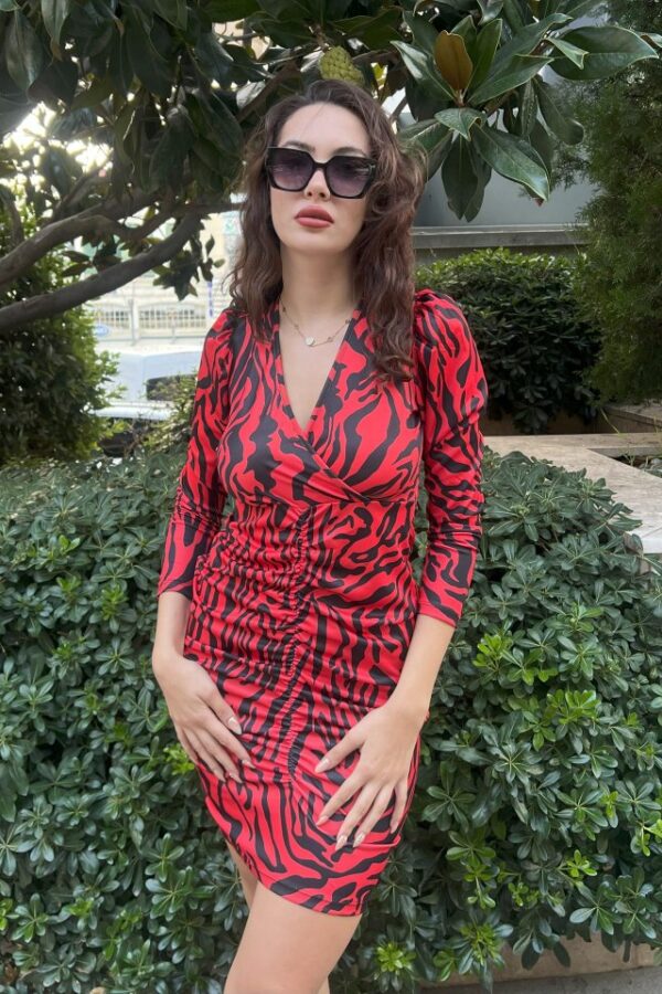 Kadın Uzun Kollu Kruvaze Yaka ön Kısım Büzgülü Zebra Desen Dalgıç Elbise