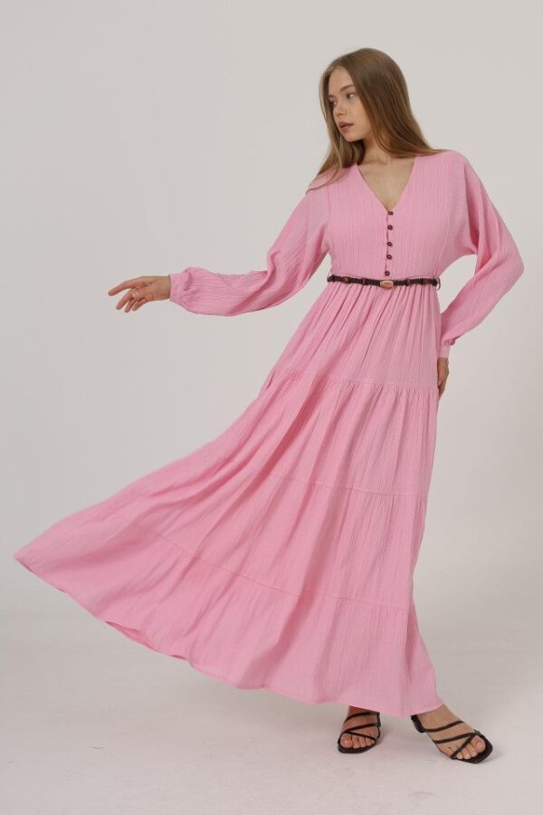 Önü Yarım Düğmeli Uzun Kol Kemerli Elbise - Pembe