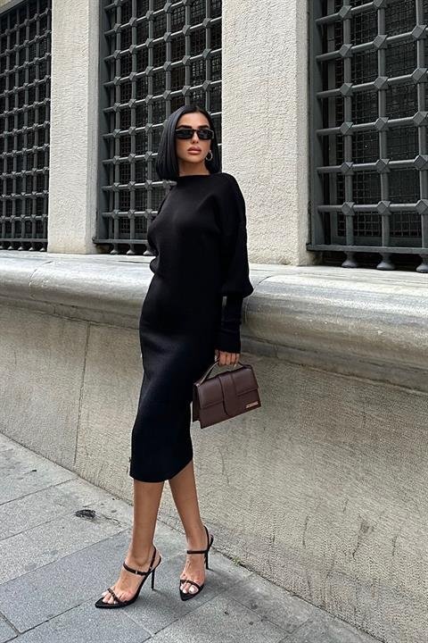 Bert Sırt Dekolteli Balon Kol Midi Triko Elbise 2820