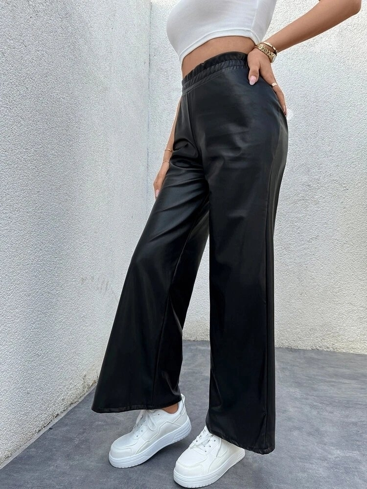 Kadın Yüksek Bel Beli Lastikli Geniş Paçalı Deri Pantolon - Görsel 5