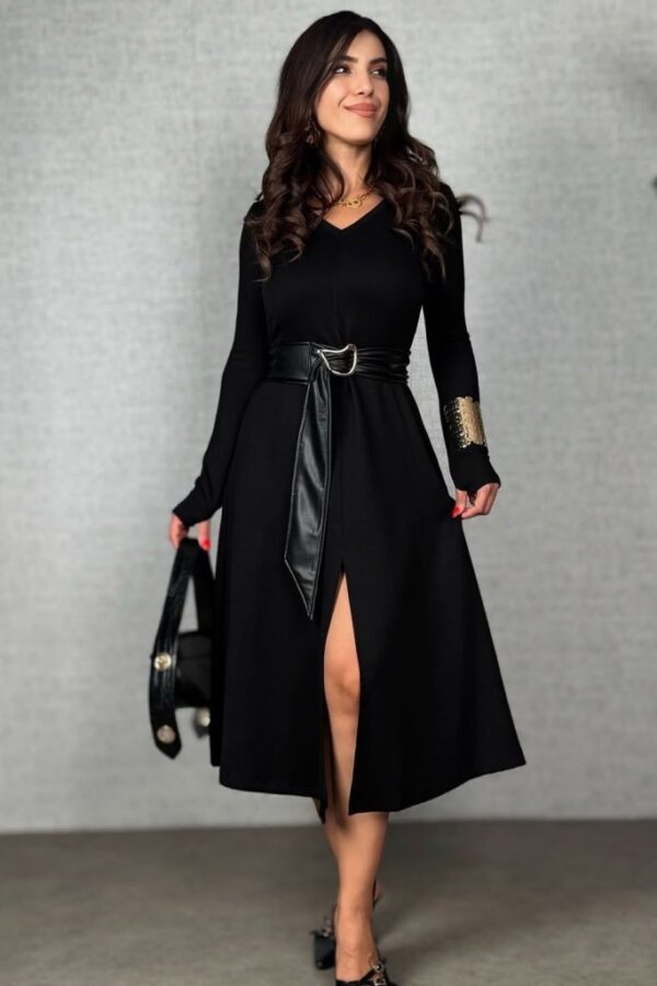 Kadın Uzun Kollu Yakalı Belden Deri Detaylı Kuşaklı Yırtmaçlı Midi Viskon Iki Iplik Elbise