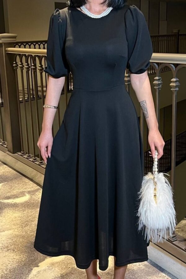 Kadın Bisiklet Yaka Kısa Kol Lastik Detay Uzun Elbise