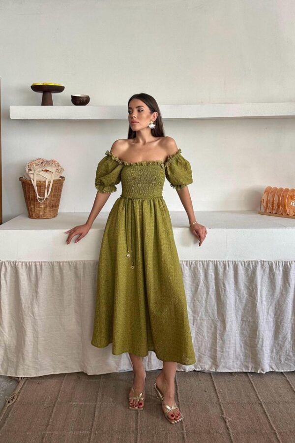 Yağ Yeşili Gipeli Brode Elbise