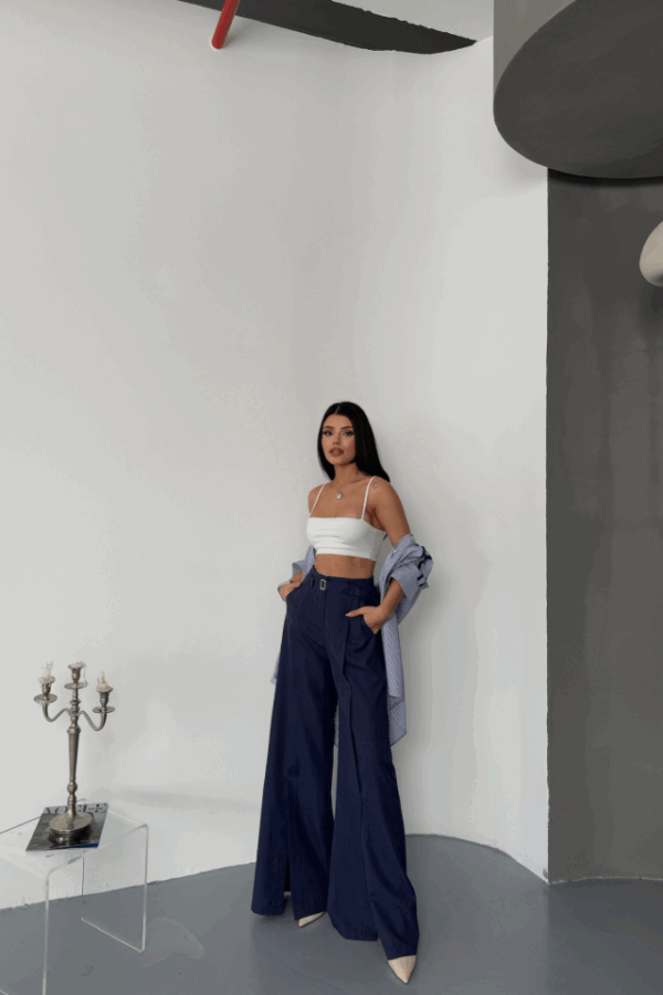 SALAŞ ÖNDEN YIRTMAÇ DETAYLI BEL KEMERLİ PANTOLON - Lacivert