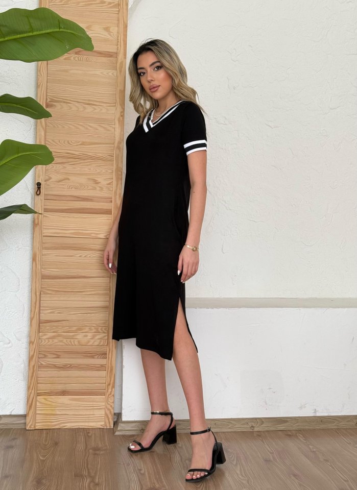 Kadın Kısa Kollu V Yaka Kol Ve Yaka Ribana Detay Midi Boy Viskon Elbise - Görsel 2