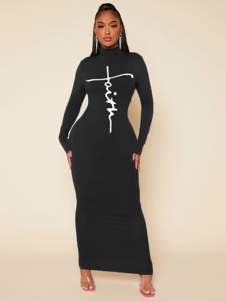 Kadın Uzun Kollu Boğazlı Baskı Detaylı Viskon Tam Boy Elbise - Görsel 13