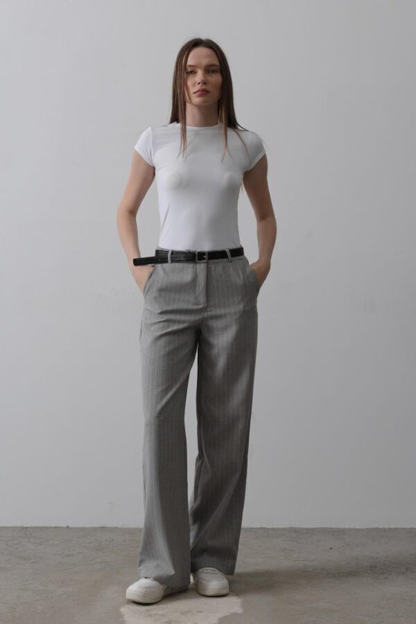 Kemerli Palazzo Pantolon - Gri-Beyaz