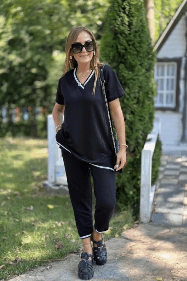 Kadın Kısa Kollu V Yakalı Iki Iplik Bluz Ve Pantolon Ikili Takım