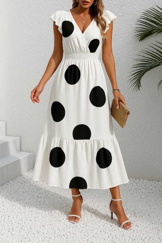 Kadın Kısa Kollu Kruvaze Yakalı Beli Lastikli Desenli Maksi Boy örme Krep Elbise - Görsel 12