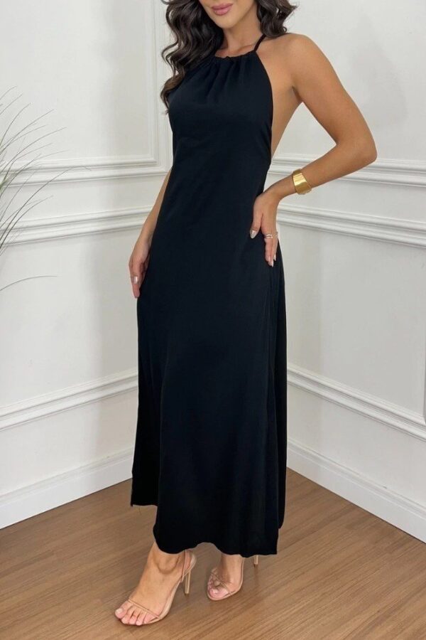 Kadın Boyundan Askılı Halter Kollu Viskon Elbise
