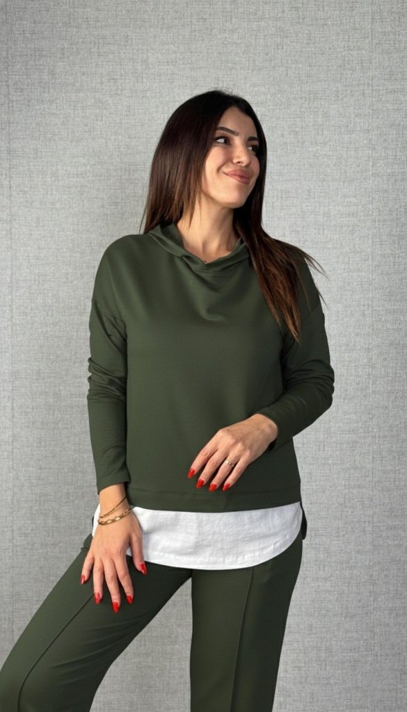 Kadın Uzun Kollu Kapşonlu Bağcıklı Viskon Iki Iplik Bluz Ve Pantolon Ikili Takım - Görsel 12