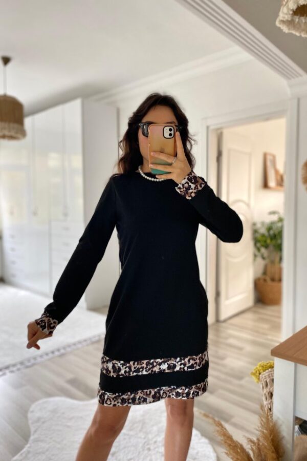 Kadın Uzun Kollu Bisiklet Yaka şerit Leopar Desenli Dalgıç Elbise
