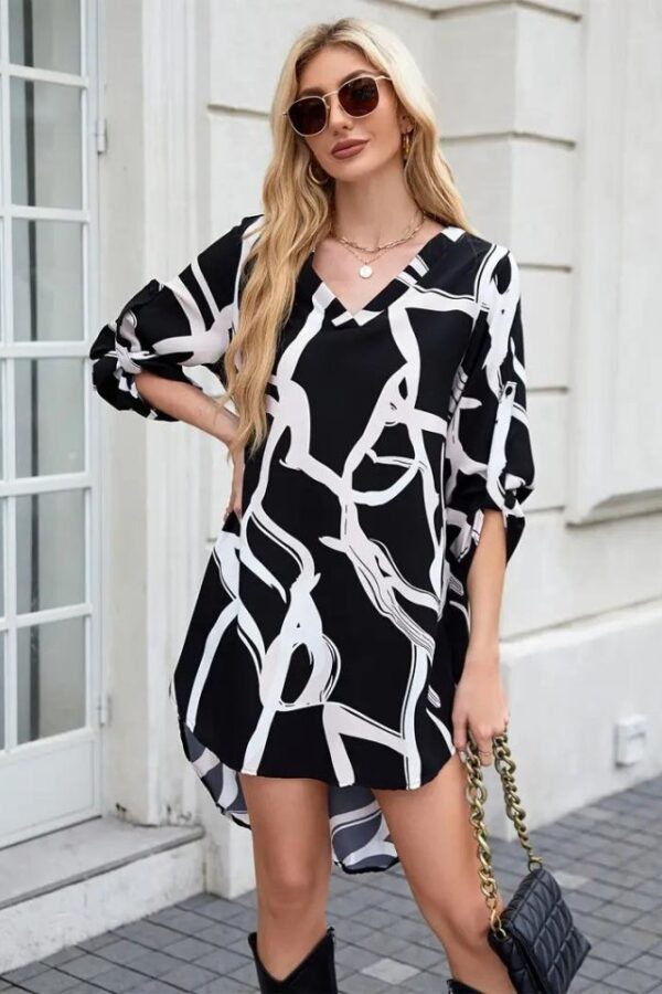 Kadın Uzun Kollu V Yakalı Desenli Dalgıç Elbise