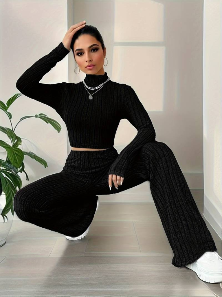 Kadın Uzun Kollu Balıkçı Yaka Krop Ve Pantolon şardonlu Kaşkorse Ikili Takım - Görsel 4