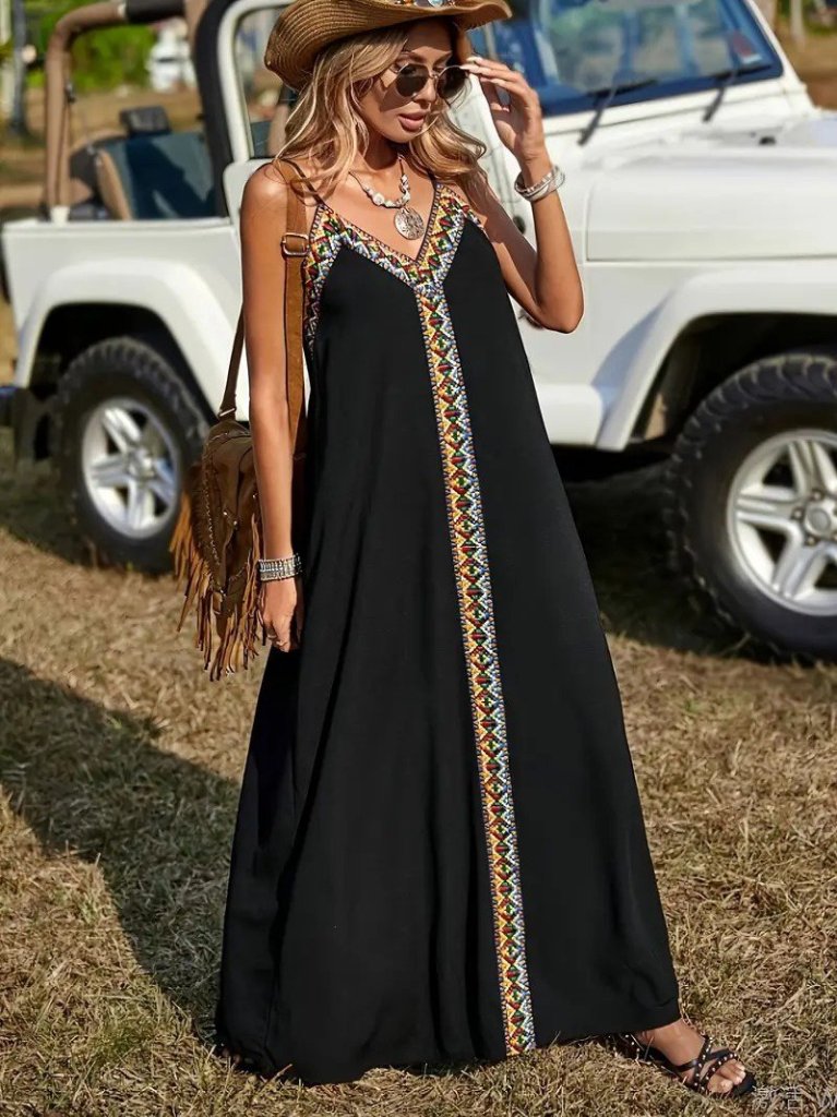 Kadın Askılı V Yakalı Etnik şerit Detaylı Uzun Viskon Elbise - Görsel 3